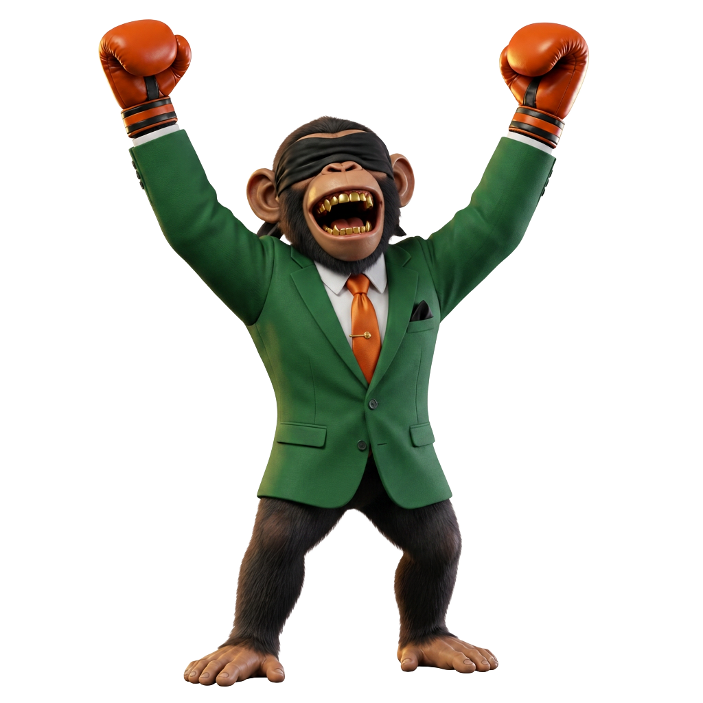 RingPredict blindfolded chimp mascot in a green suit with orange boxing gloves